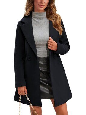 Women Black Notch Collar Long Sleeve Pockets Double Breasted Causal Trench Coat
